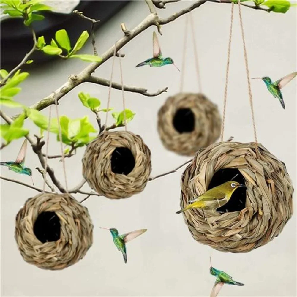4 Pack Hanging Hummingbird Nest House for Outside, Ball Shape, Hand Woven